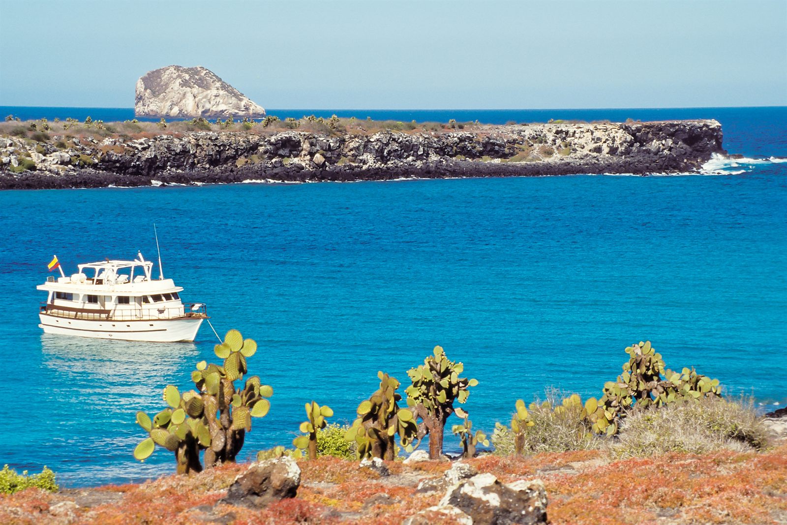 Small white expedition yacht anchored in a turquoise bay beside cactus-covered volcanic rock